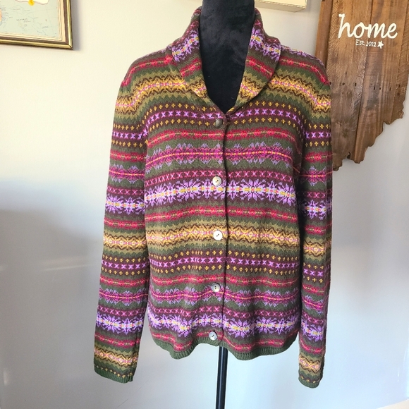 Talbots Sweaters - VTG Talbots Shawl Collar Fair Isle Knit Multicolor Floral Wool Cardigan Women XL